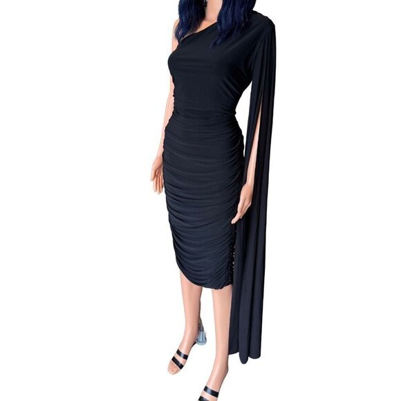 NWT Club L London Yara Black One Shoulder Cape Ruched Midi Dress - Picture 7 of 7